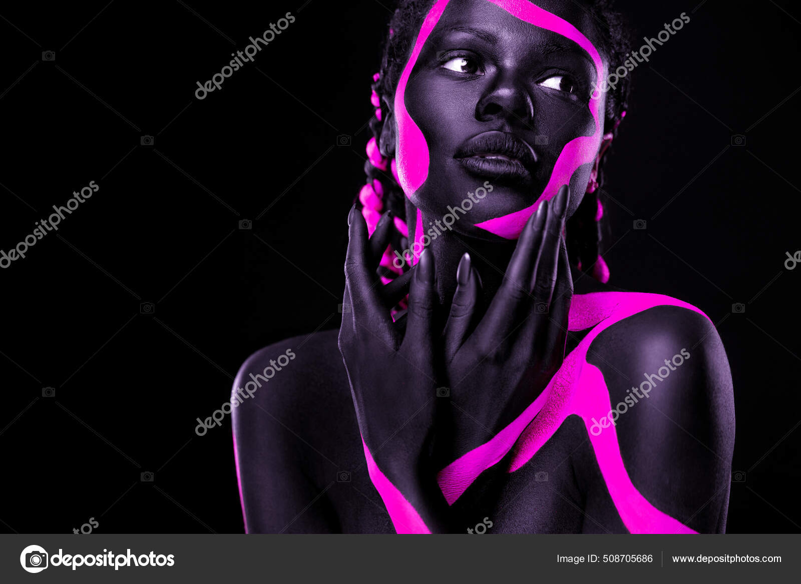 Neon colors. Pink and black body paint. Woman with face art. Young girl  with colorful bodypaint. An amazing afro american model with makeup. Stock  Photo by ©MikeOrlov 508705686